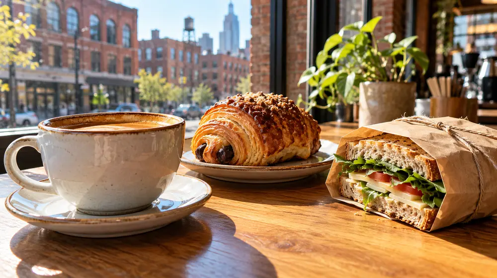 Coffee, pastry and a sandwich on a café counter