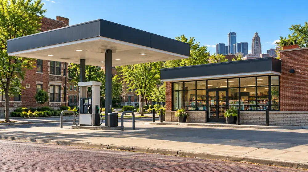 Illustrative neighborhood gas station and convenience store